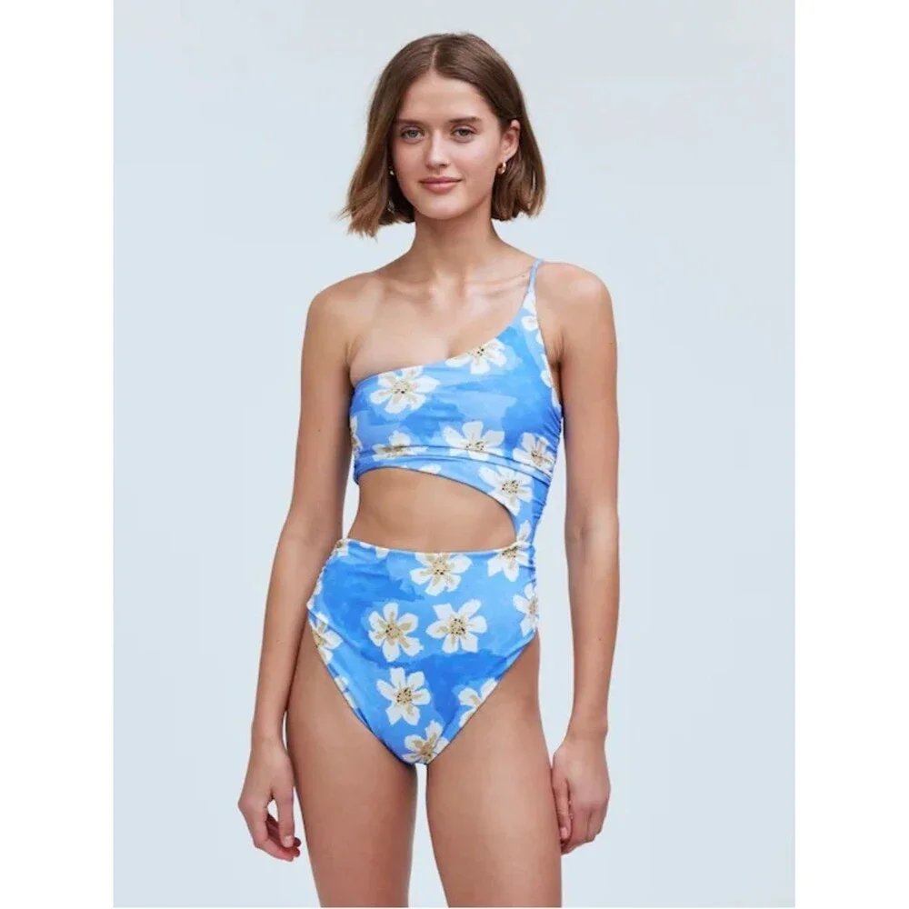 Zulu & Zephyr Hawaii Ruched One Piece Swimsuit Size 2 Blue Cut Out Floral